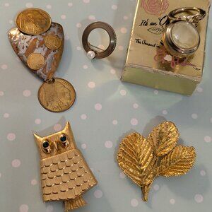 1970s Brooches Lot Avon Owl Perfume*Gold Plate Leaves*Indian Coins Artisan